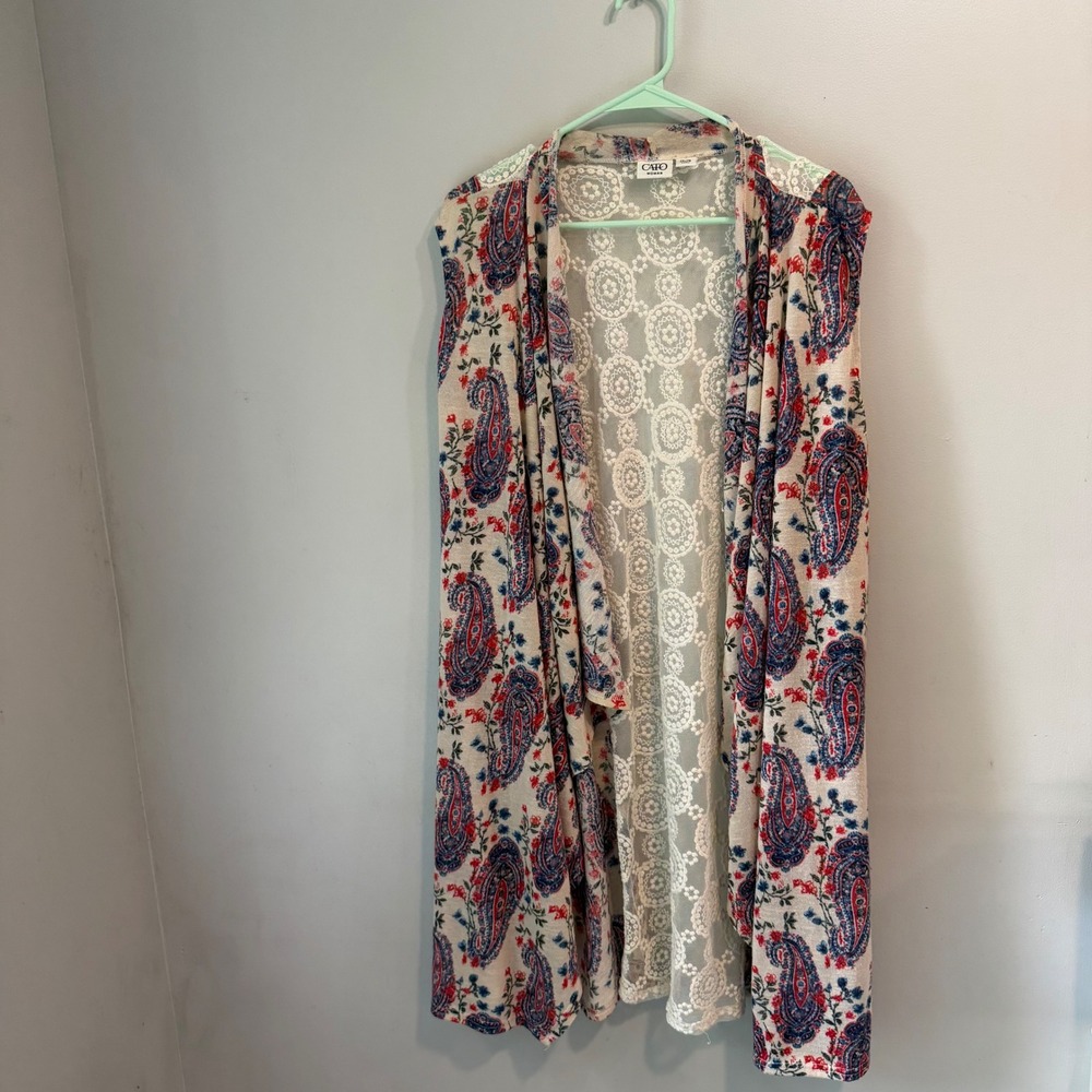 Cato Woman Paisley Lace Back Sleeveless Duster Cardigan Plus Size 26/28 Red Blue